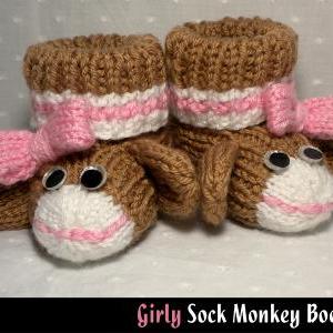 Girly Sock Monkey Baby Booties Knit..